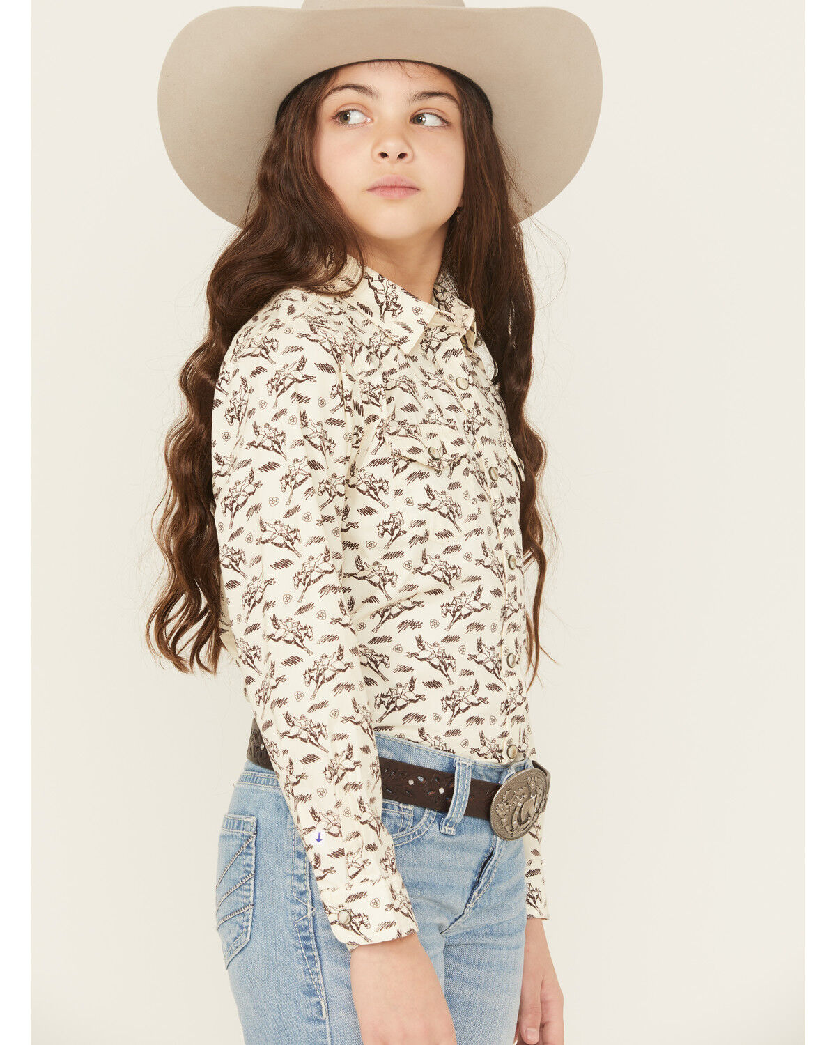 Image #2 - Ariat Girls' Horse Print Long Sleeve Snap Western Shirt, Cream, hi-res