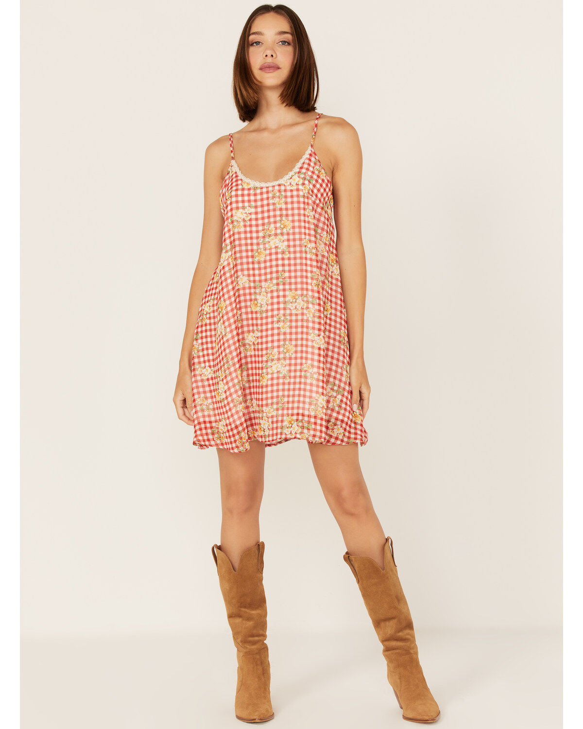 Image #2 - Wild Moss Women's Gingham Floral Print Slip Mini Dress, Red, hi-res