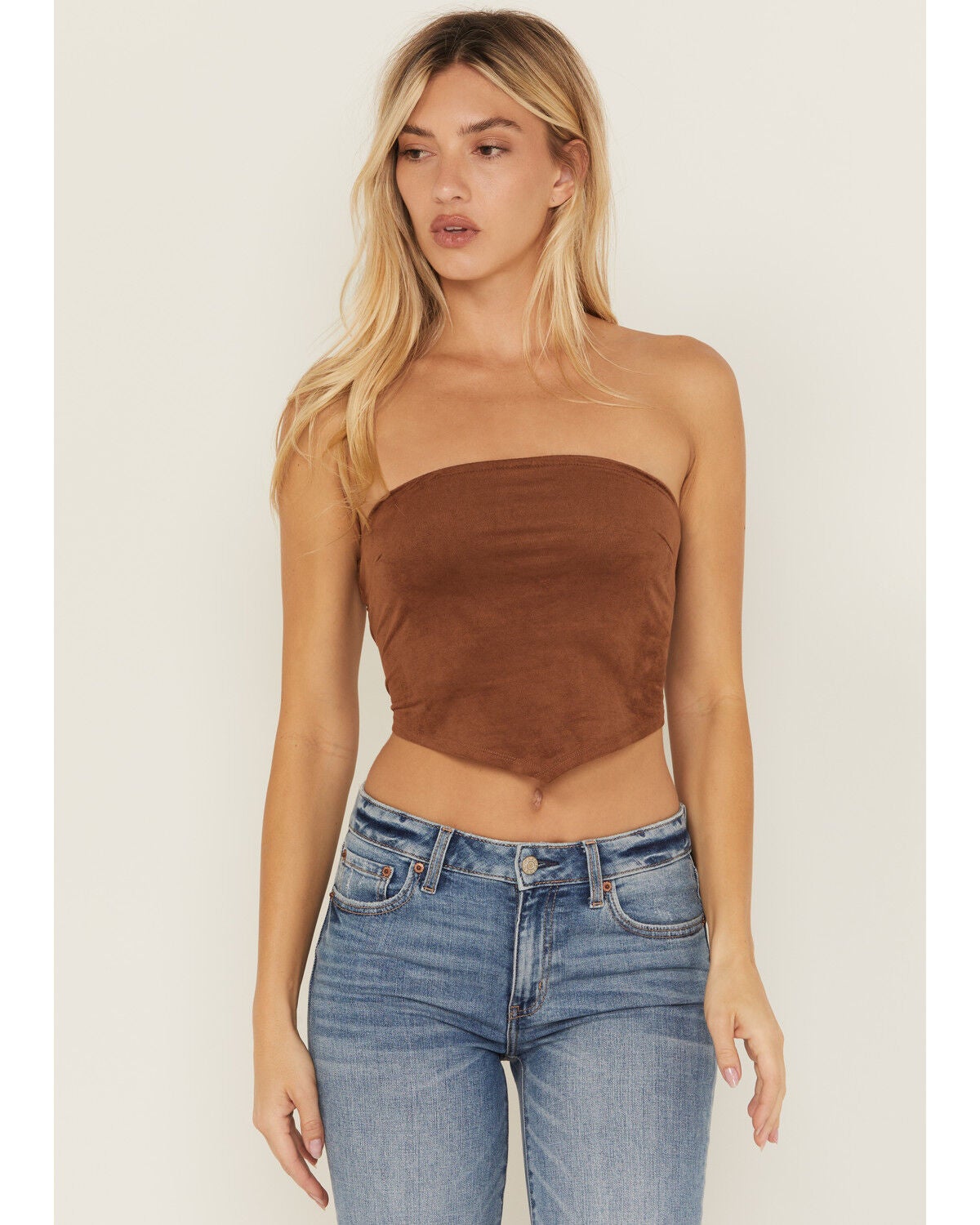 Originality Women's Suede Handkerchief Strapless Top, Brown, hi-res