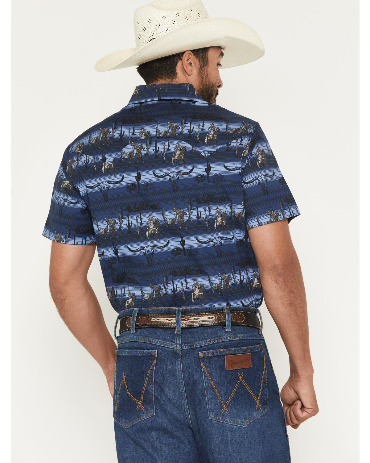 Image #4 - Rock & Roll Denim Men's Serape Striped Steerhead Short Sleeve Snap Stretch Western Shirt, Navy, hi-res
