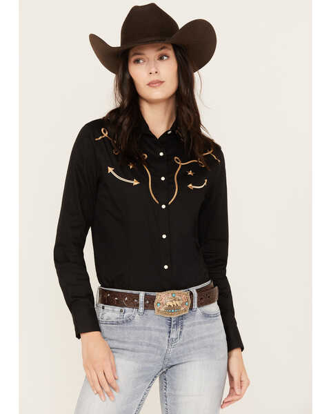Panhandle Women's Retro Graphic Long Sleeve Western Snap Shirt, Black, hi-res
