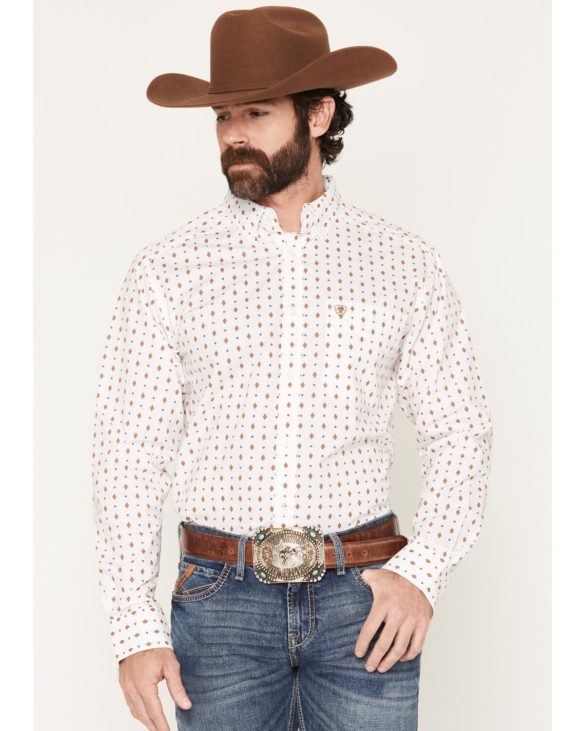 Ariat Men's Pauly Geo Print Long Sleeve Button-Down Western Shirt, White, hi-res