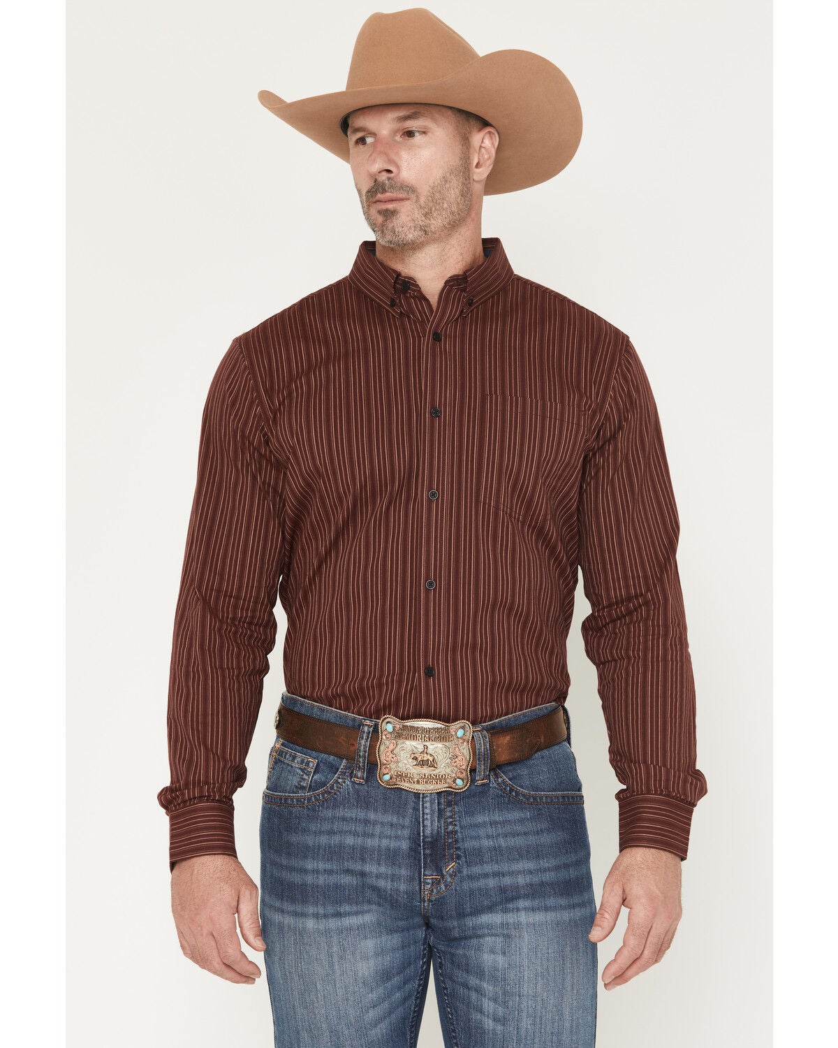 Image #1 - Cody James Men's Wildfire Stripe Print Long Sleeve Button-Down Stretch Western Shirt, Burgundy, hi-res