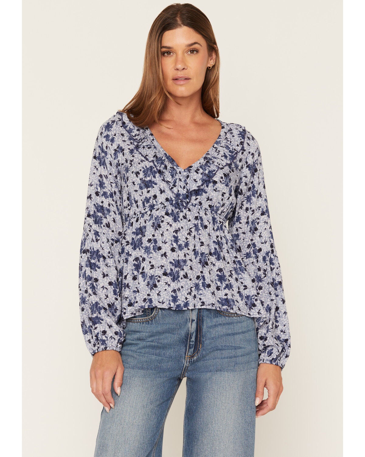 Wild Moss Women's Floral Print Ruffle Long Sleeve Top, Navy, hi-res
