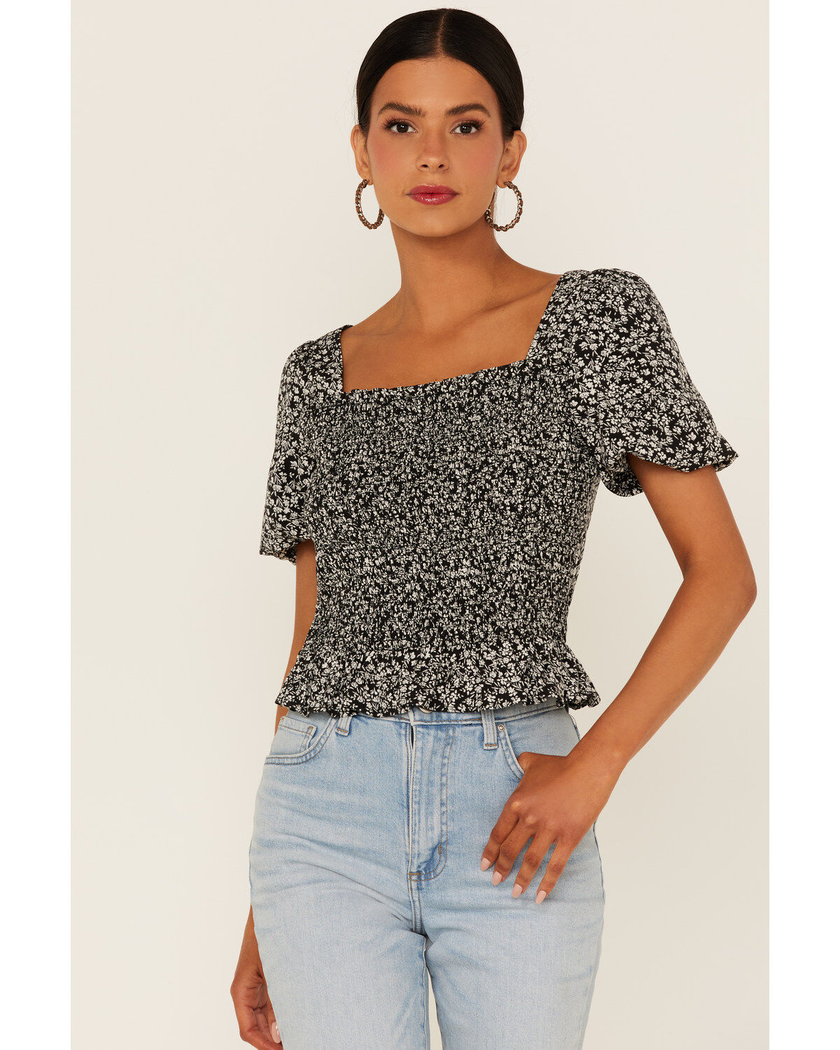 Image #3 - Beyond The Radar Women's Ditsy Floral Print Smocked Shirt, , hi-res