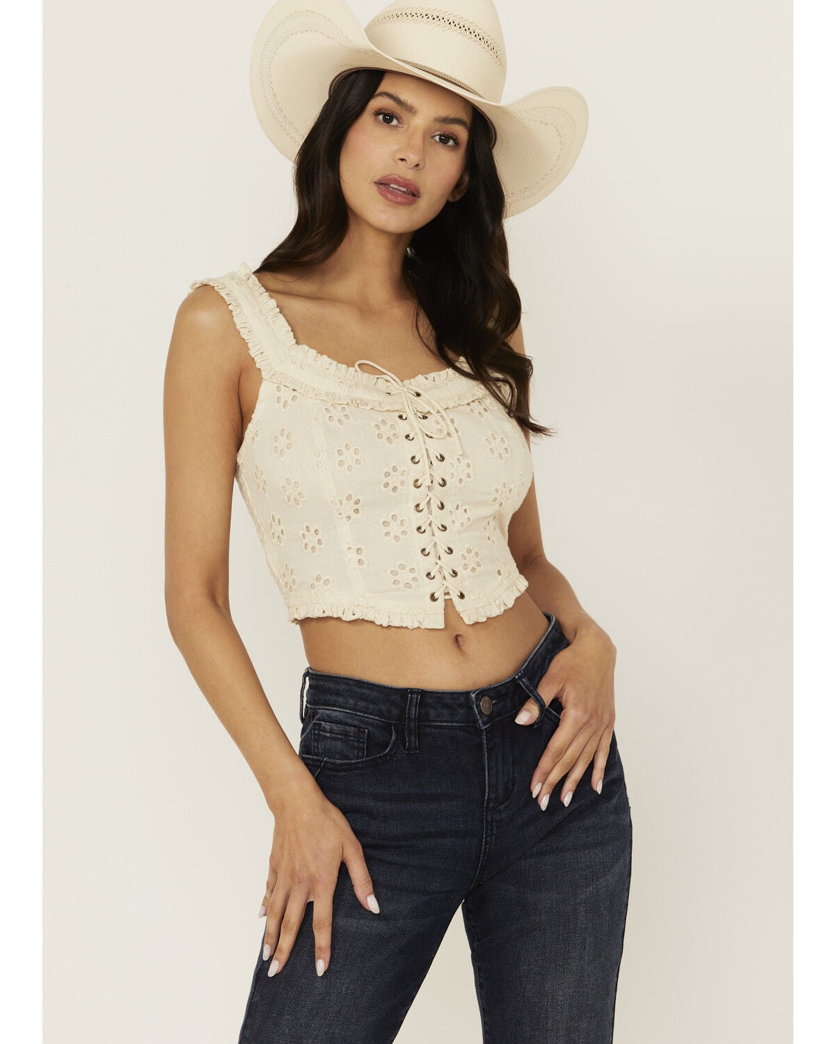Rock & Roll Denim Women's Eyelet Corset Tank Top, Cream, hi-res
