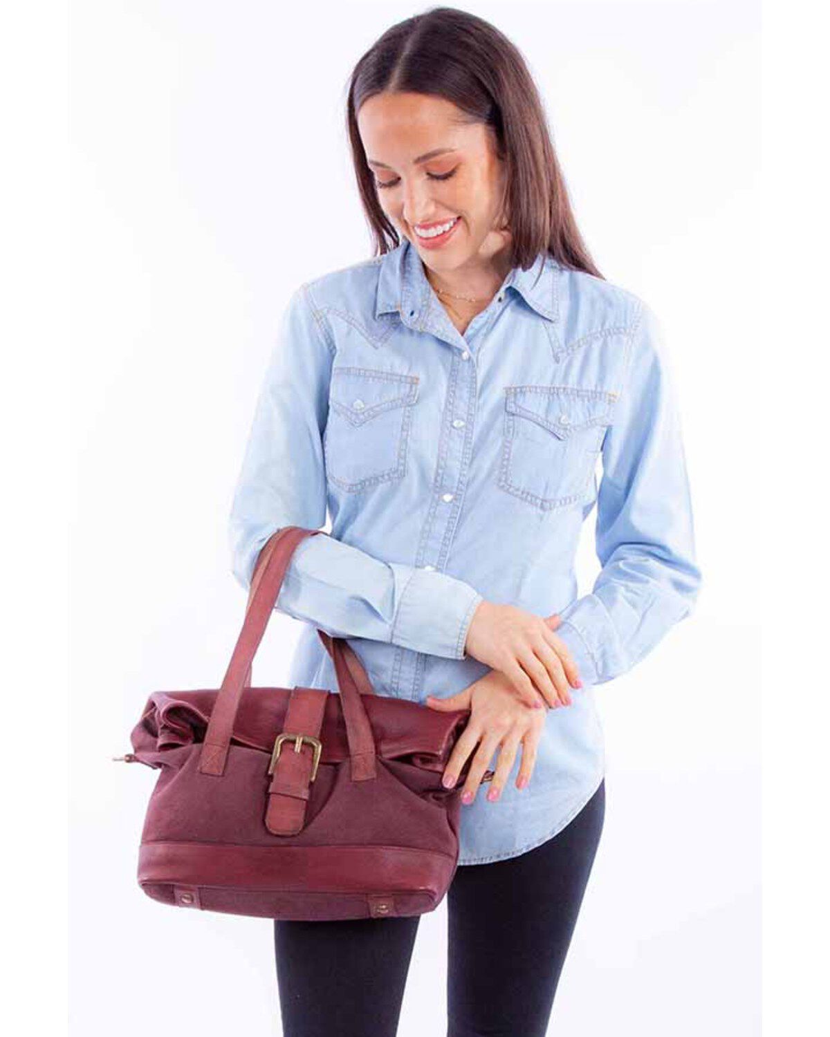 Scully Women's Canvas Leather Handbag, Burgundy, hi-res