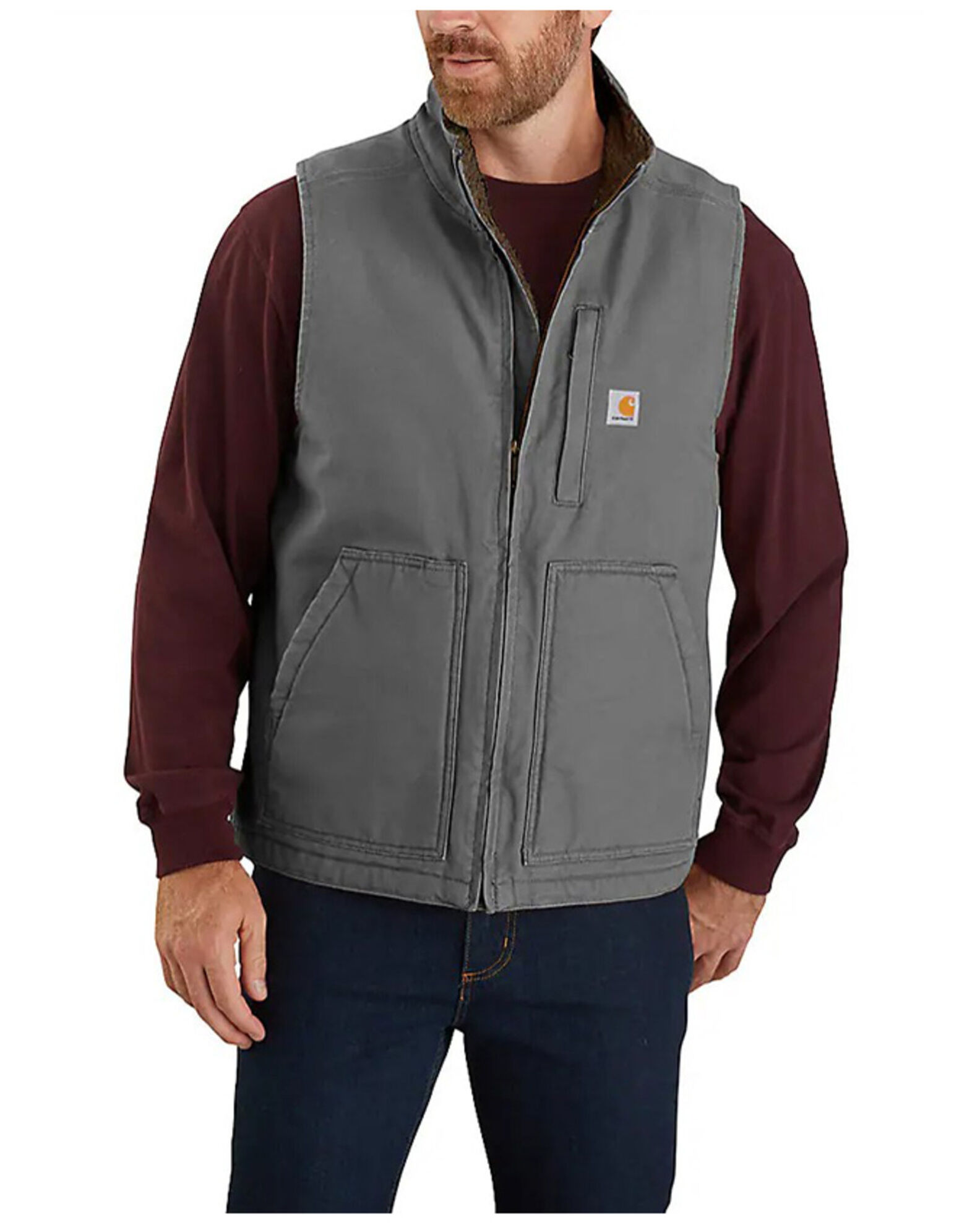 Image #1 - Carhartt Men's Gravel Washed Duck Sherpa Lined Mock Neck Work Vest, Grey, hi-res