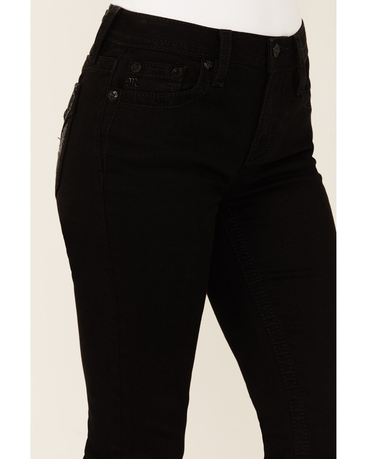 Image #4 - Miss Me Women's Mid Rise Wing Pocket Bootcut Stretch Denim Jeans, Black, hi-res