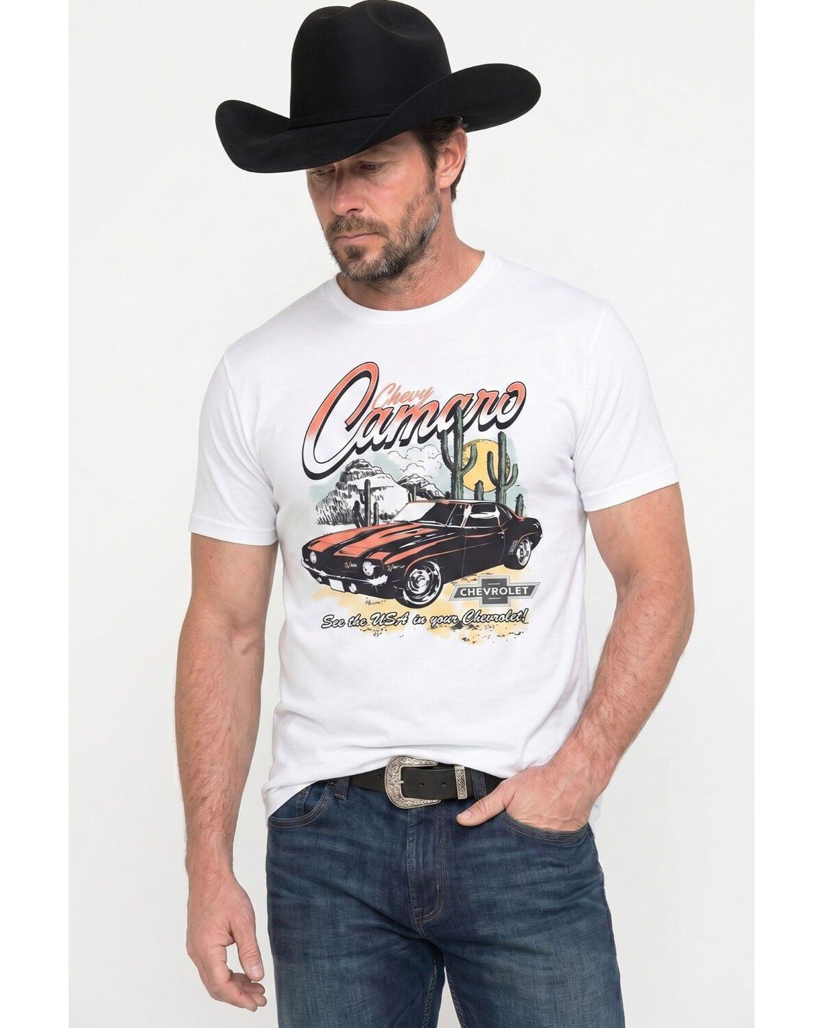 Image #1 - Americana Men's Desert Chevy Camaro Short Sleeve Graphic T-Shirt, White, hi-res
