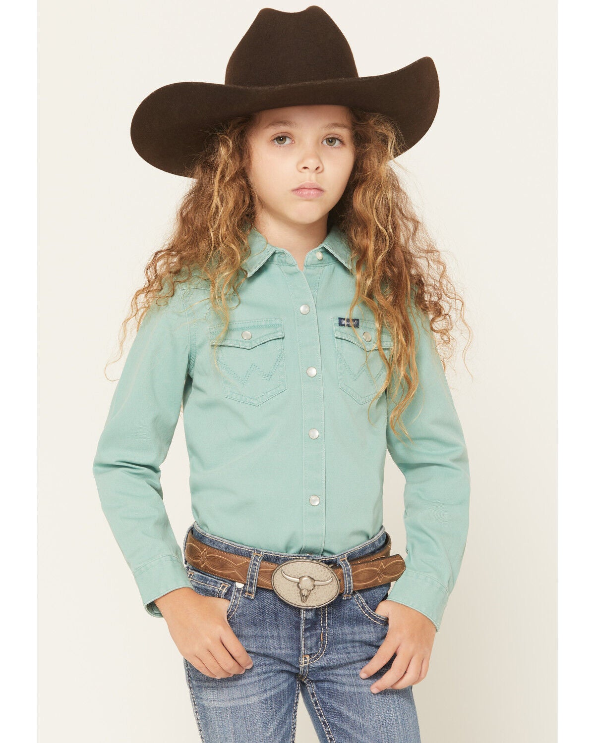 Wrangler Girls' Solid Long Sleeve Snap Western Shirt, Teal, hi-res
