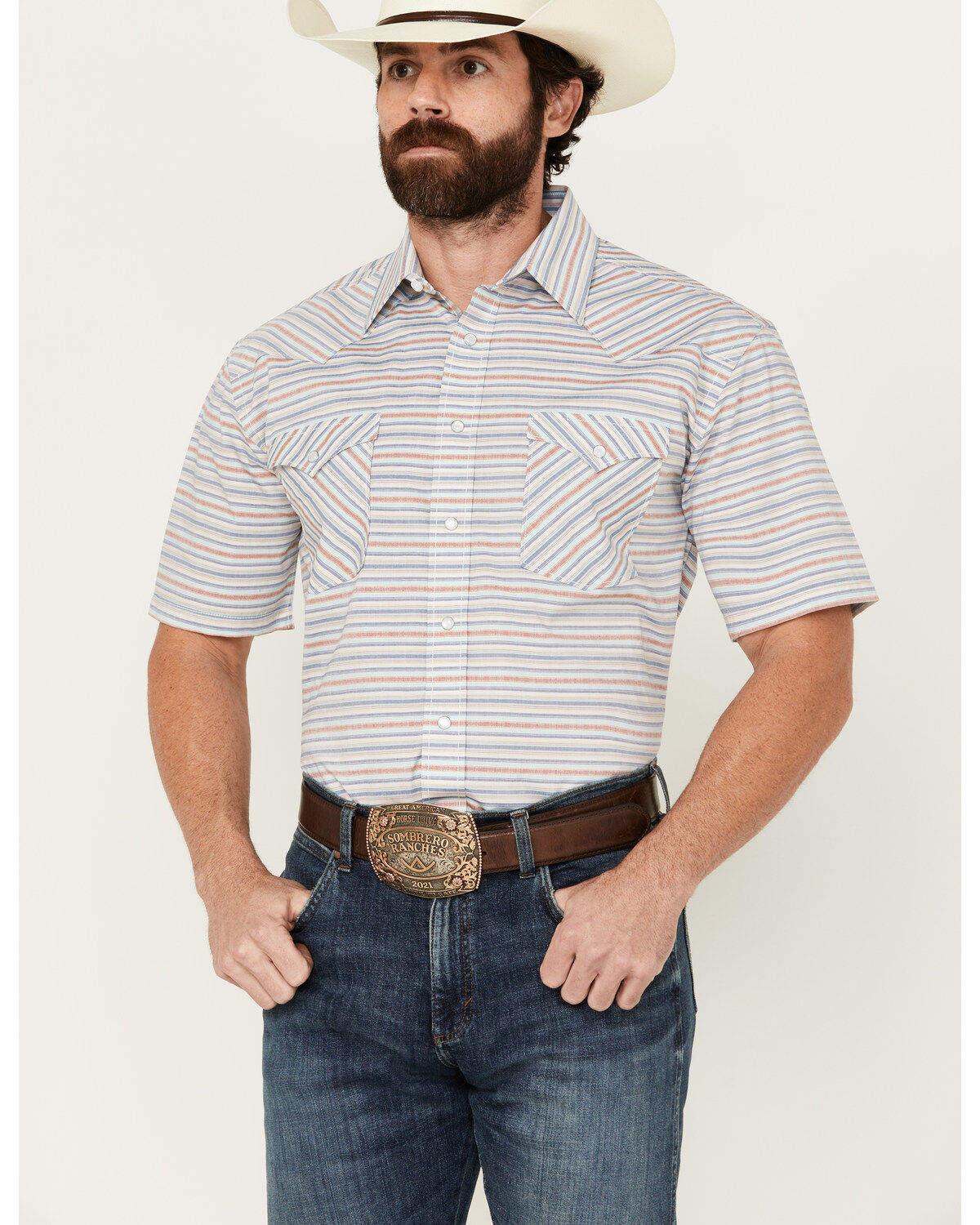 Image #1 - Panhandle Men's Serape Striped Short Sleeve Pearl Snap Western Shirt, Cream, hi-res