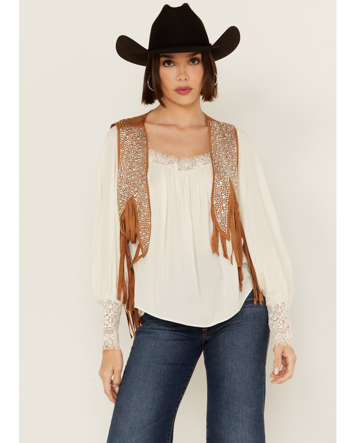 Vocal Women's Rhinestone Cropped Faux Suede Vest, Camel, hi-res