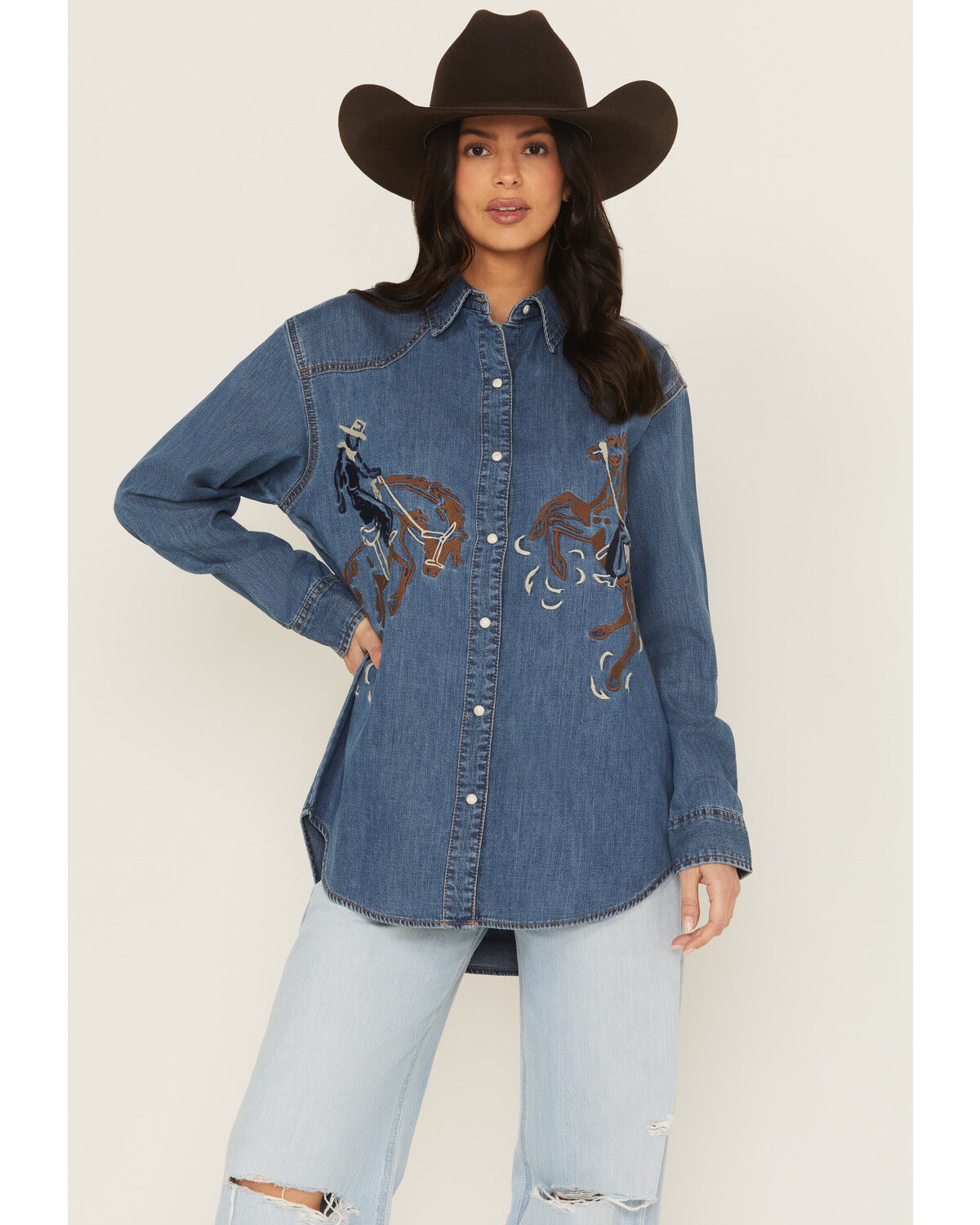 Image #1 - Wrangler Retro Women's Medium Wash Horse Embroidered Long Sleeve Snap Denim Shirt, Blue, hi-res