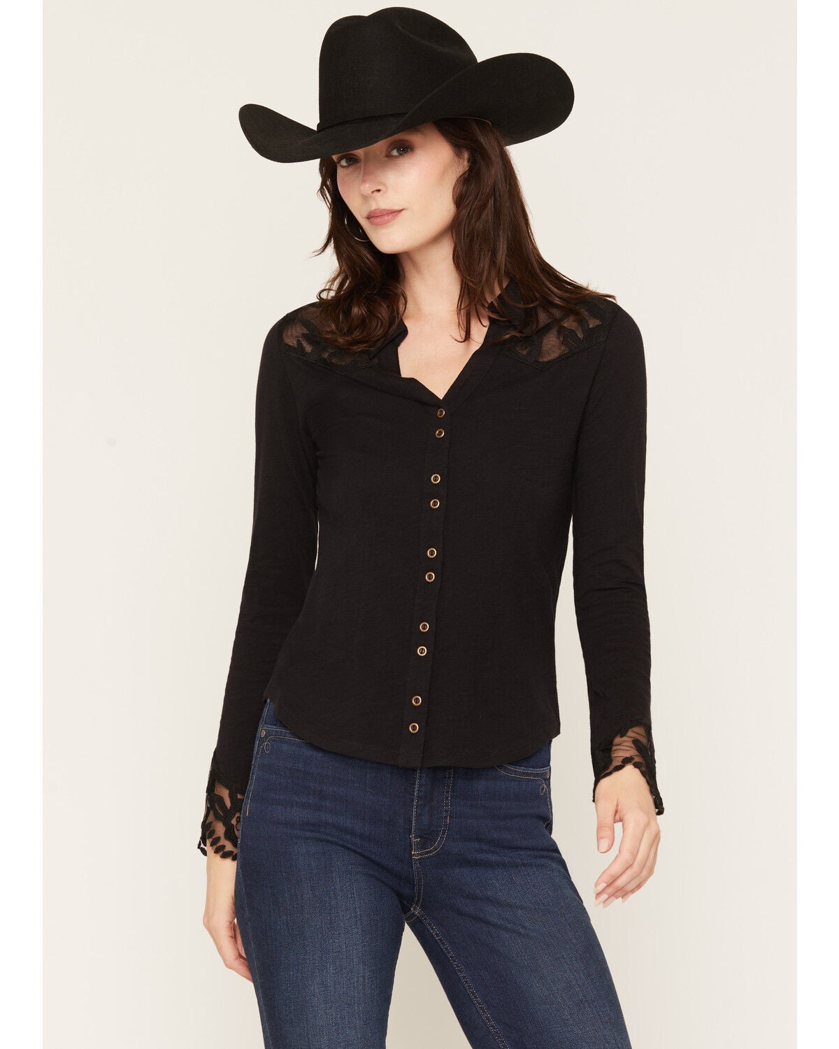 Shyanne Women's Rider Long Sleeve Knit Lace Yoke Button-Down Western Shirt, Black, hi-res