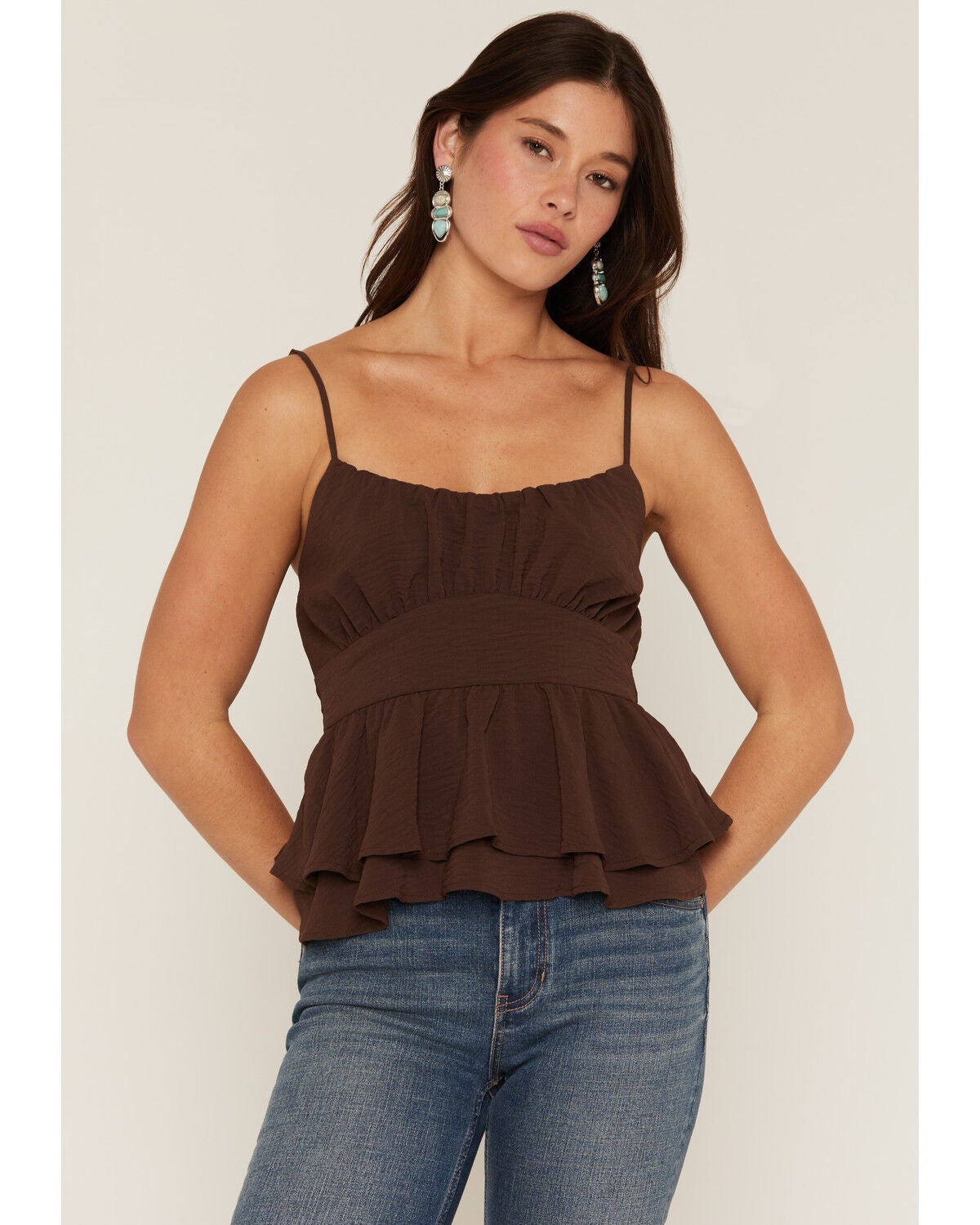 Originality Women's Emma Solid Sleeveless Peplum Tank Top, Brown, hi-res