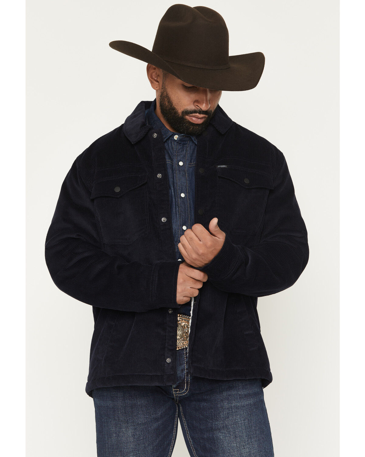 Image #1 - Rock & Roll Denim Men's Solid Sherpa Lined Corduroy Shirt Jacket, Navy, hi-res