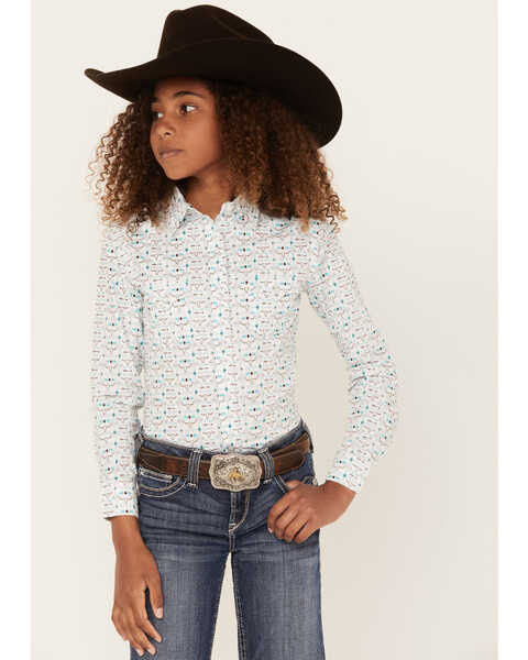 Panhandle Girls' Steer Head Print Long Sleeve Snap Shirt, White, hi-res