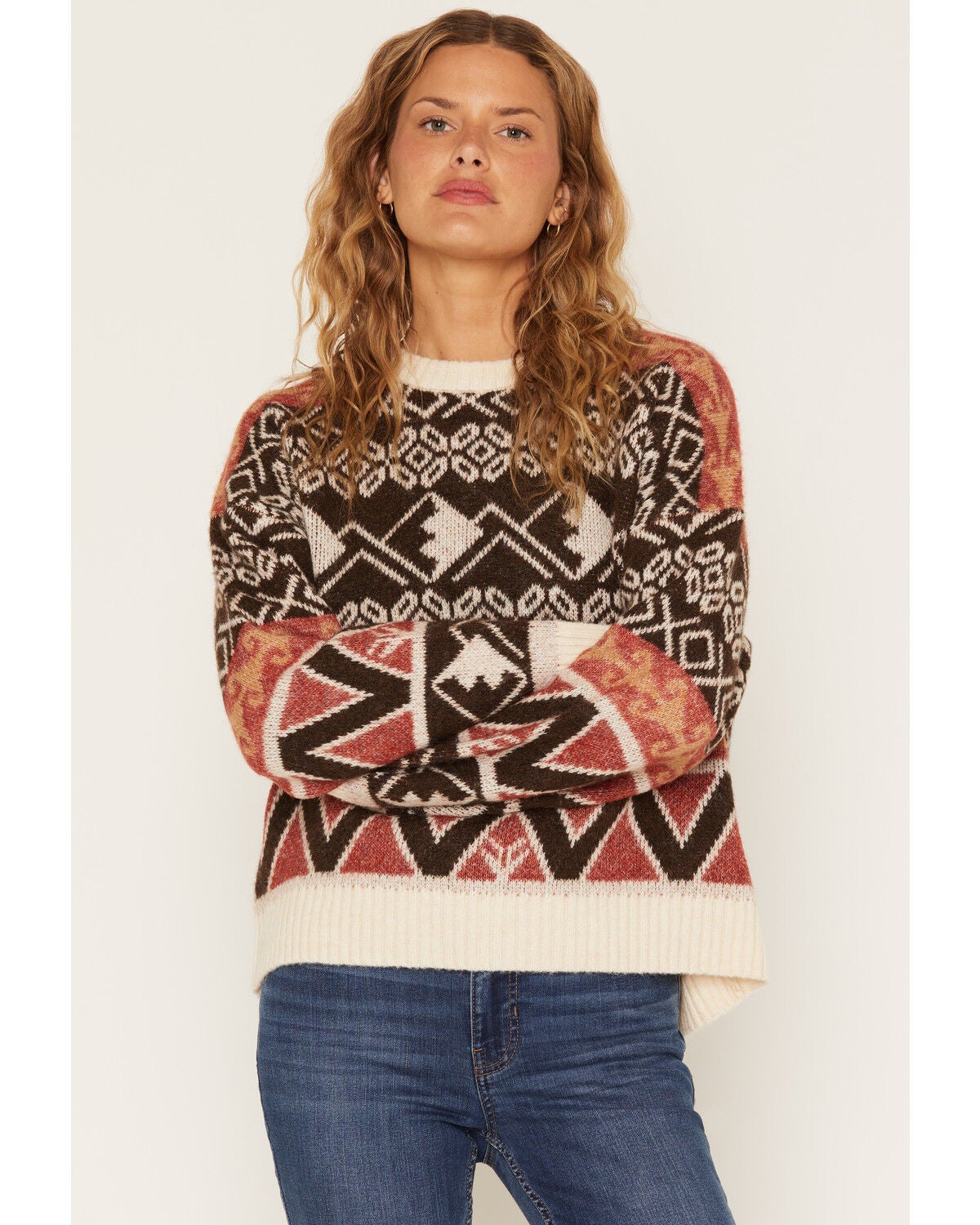 Image #1 - By Together Women's Southwestern Print Sweater, Brown, hi-res