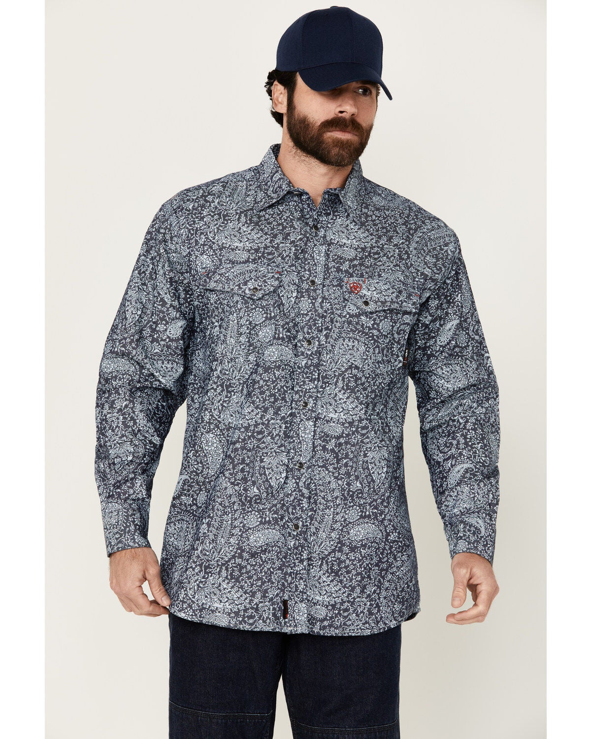 Ariat Men's FR Pacific Long Sleeve Snap Work Shirt, Navy, hi-res