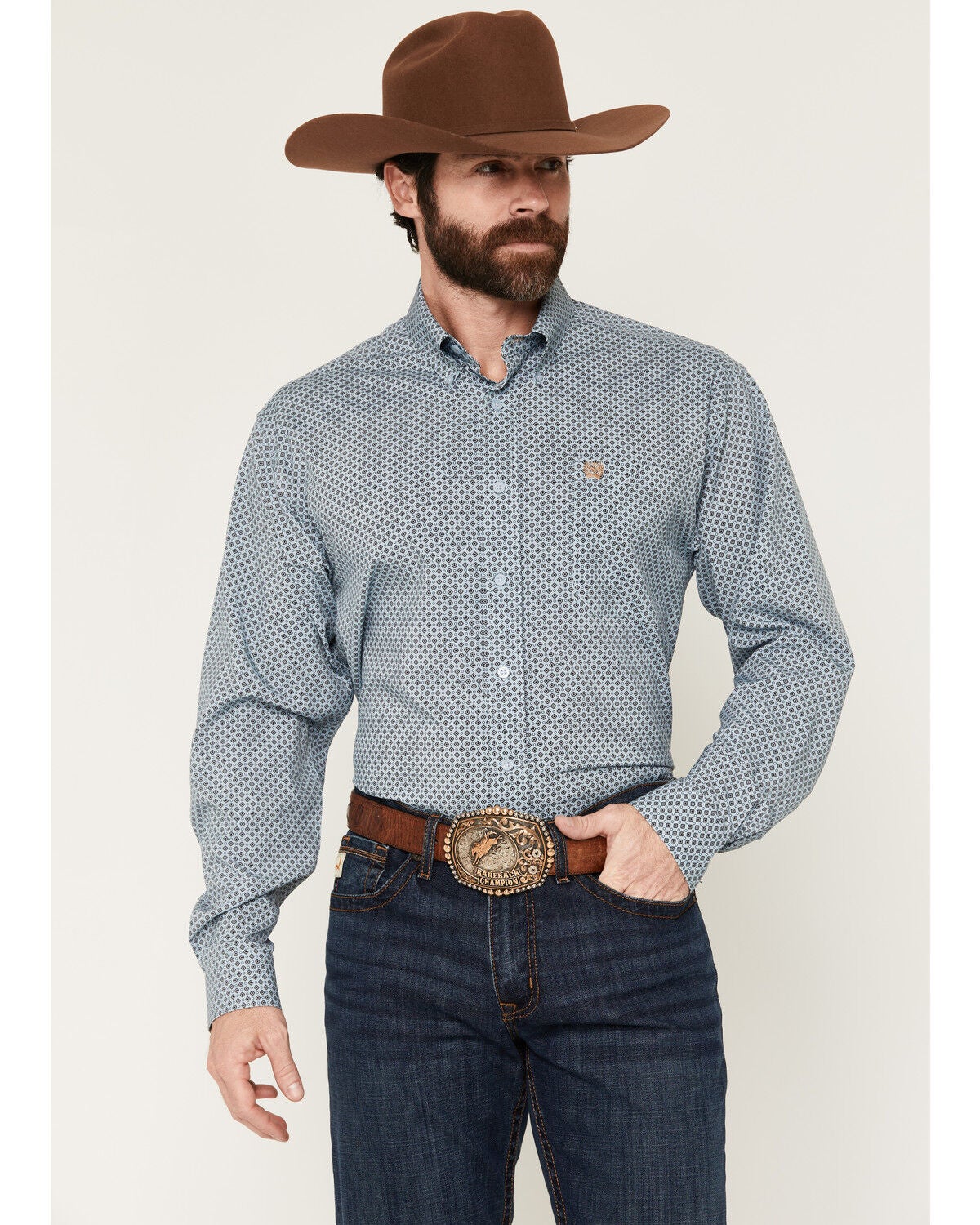 Image #1 - Cinch Men's Geo Print Long Sleeve Button-Down Stretch Western Shirt, Light Blue, hi-res
