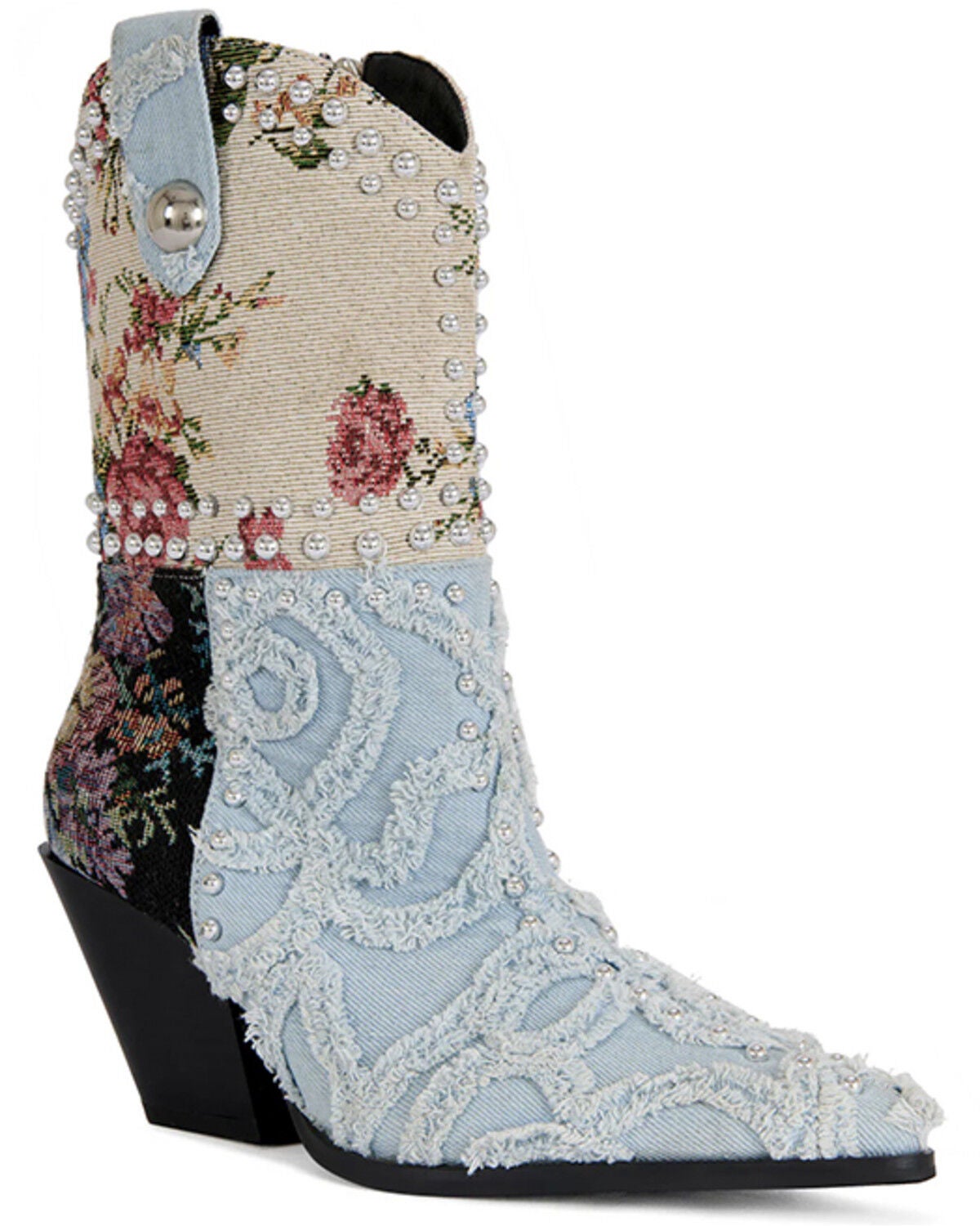 Azalea Wang Women's Akari Denim Patchwork Western Booties - Round Toe, Blue, hi-res