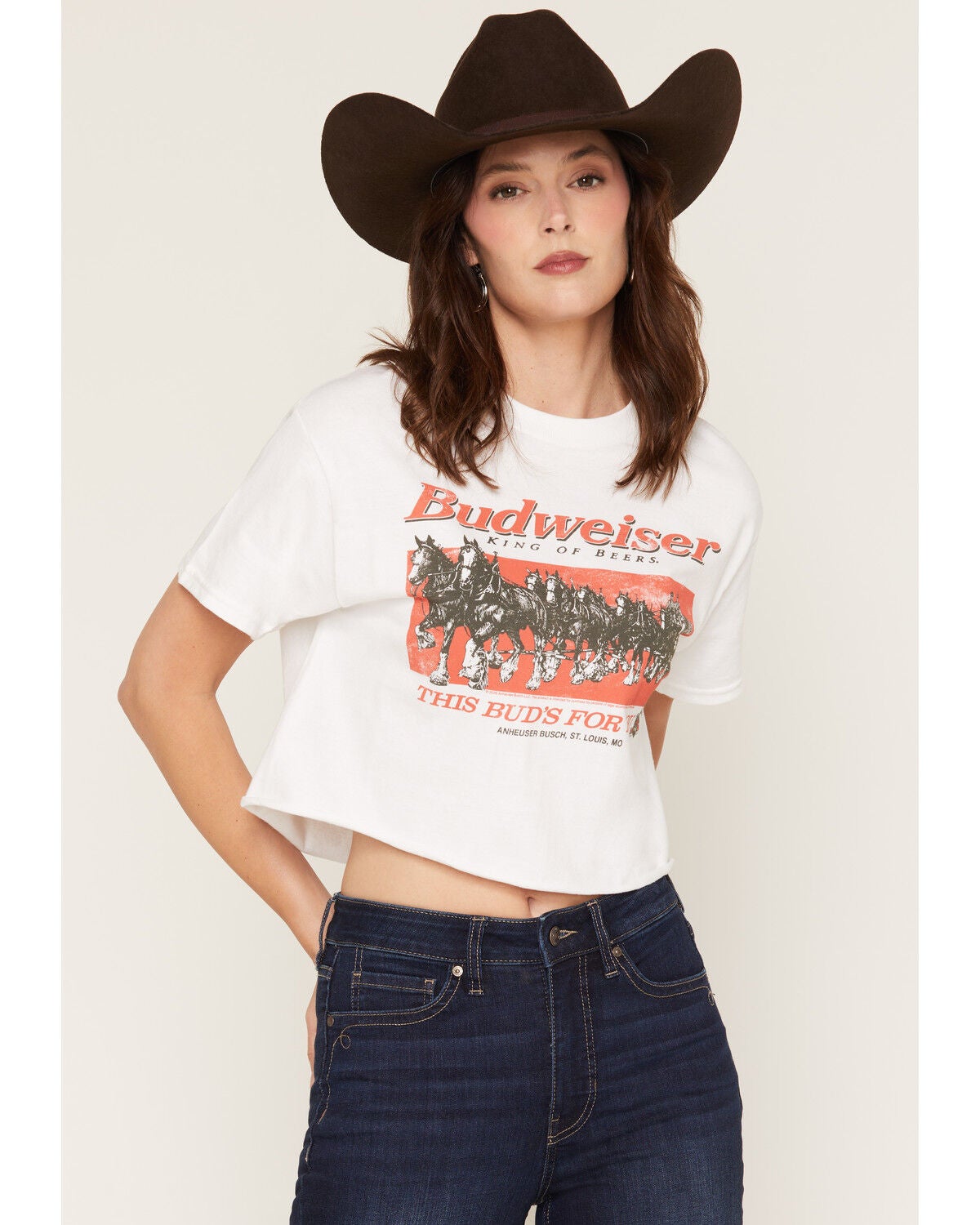 Junk Food Clothing Women's Budweiser Clydesdale Short Sleeve Cropped Graphic Tee, White, hi-res