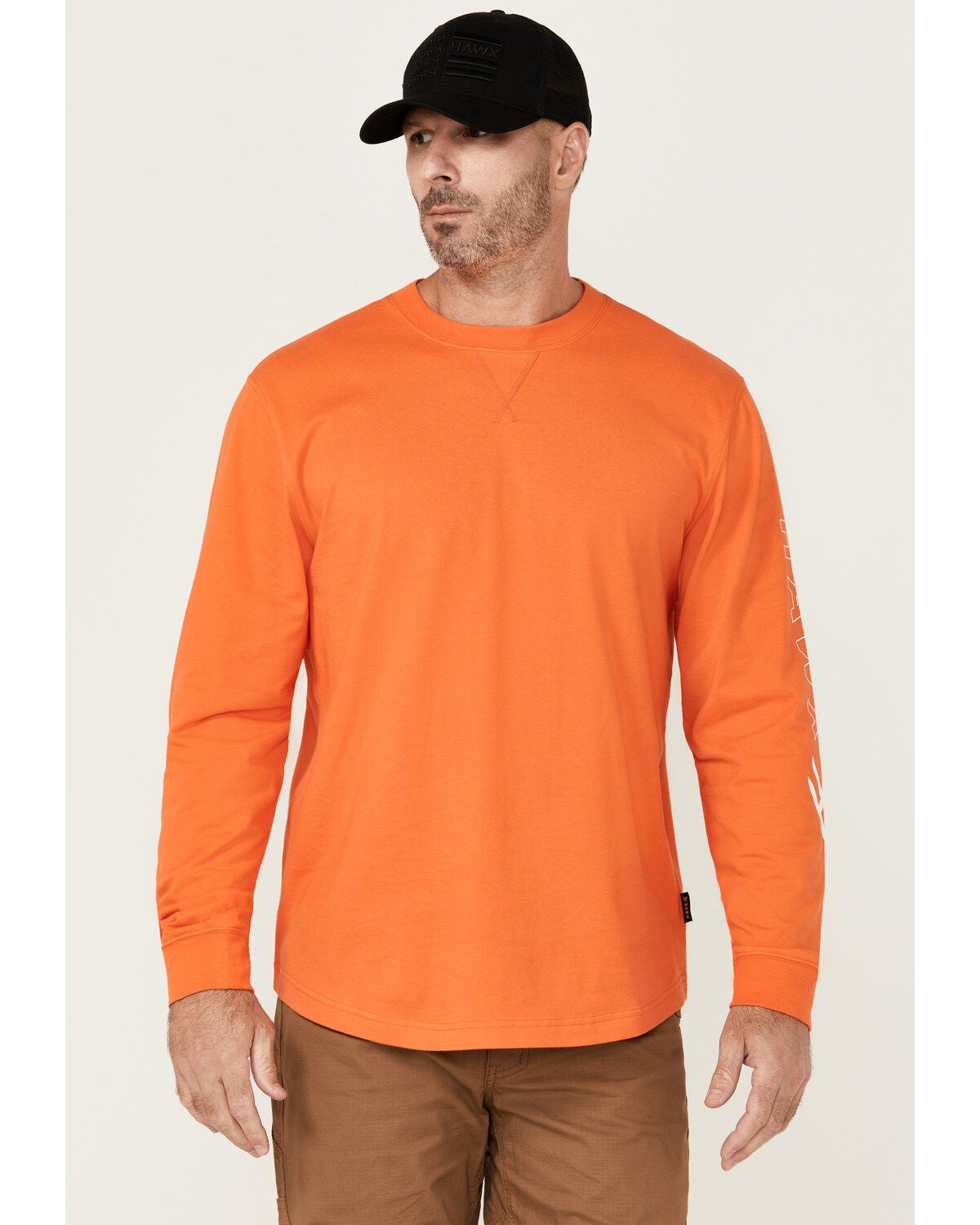 Hawx Men's Logo Long Sleeve Graphic Work T-Shirt, Orange, hi-res