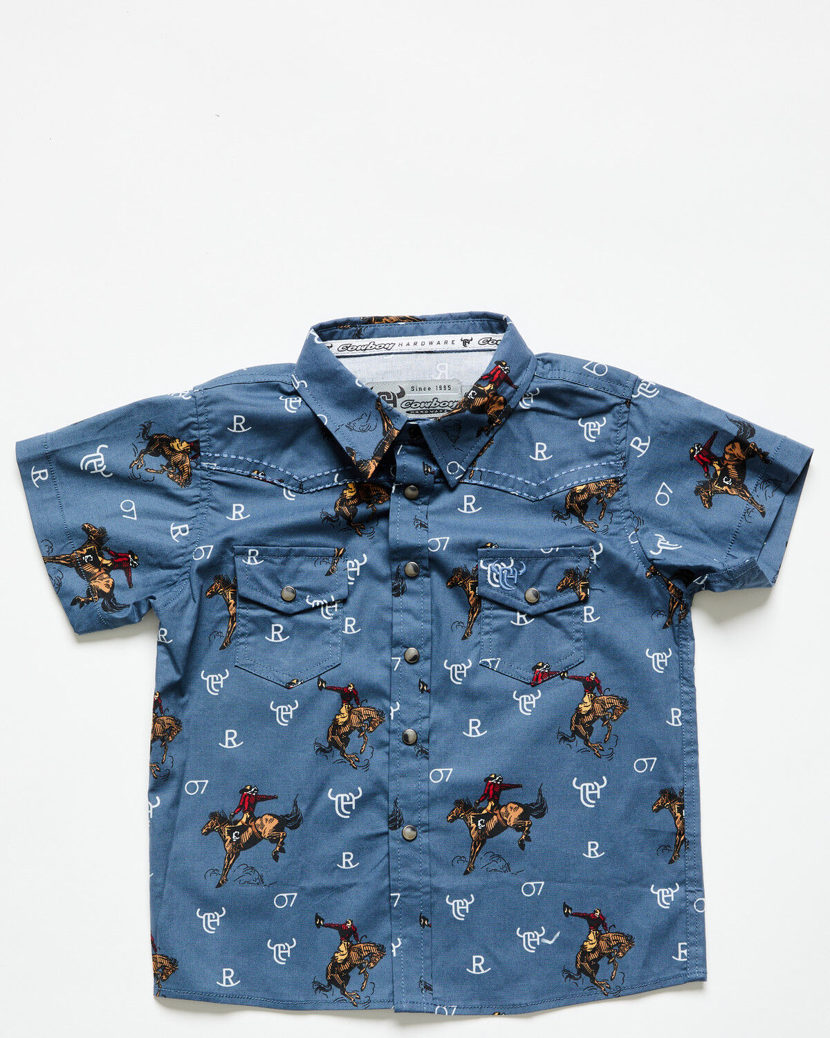 Image #1 - Cowboy Hardware Toddler Boys' Bronc Branded Short Sleeve Snap Stretch Western Shirt, Blue, hi-res