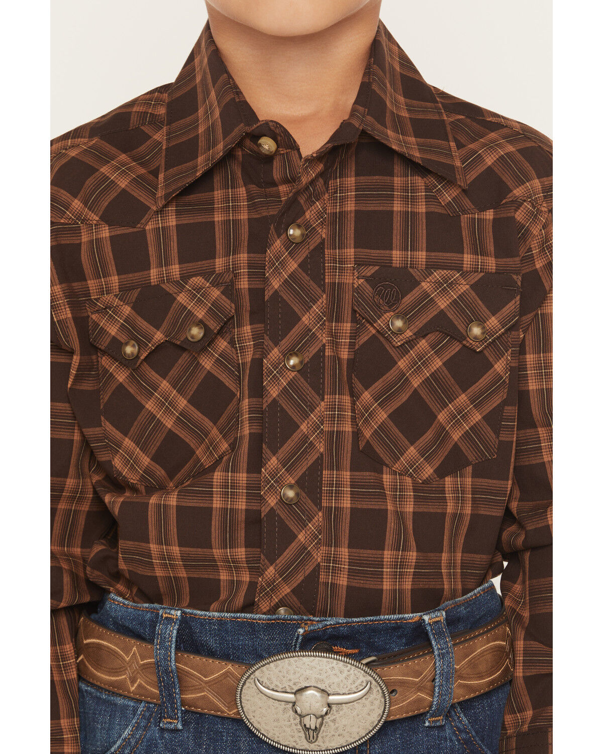 Image #3 - Wrangler Retro Boys' Plaid Print Long Sleeve Snap Western Shirt, Brown, hi-res