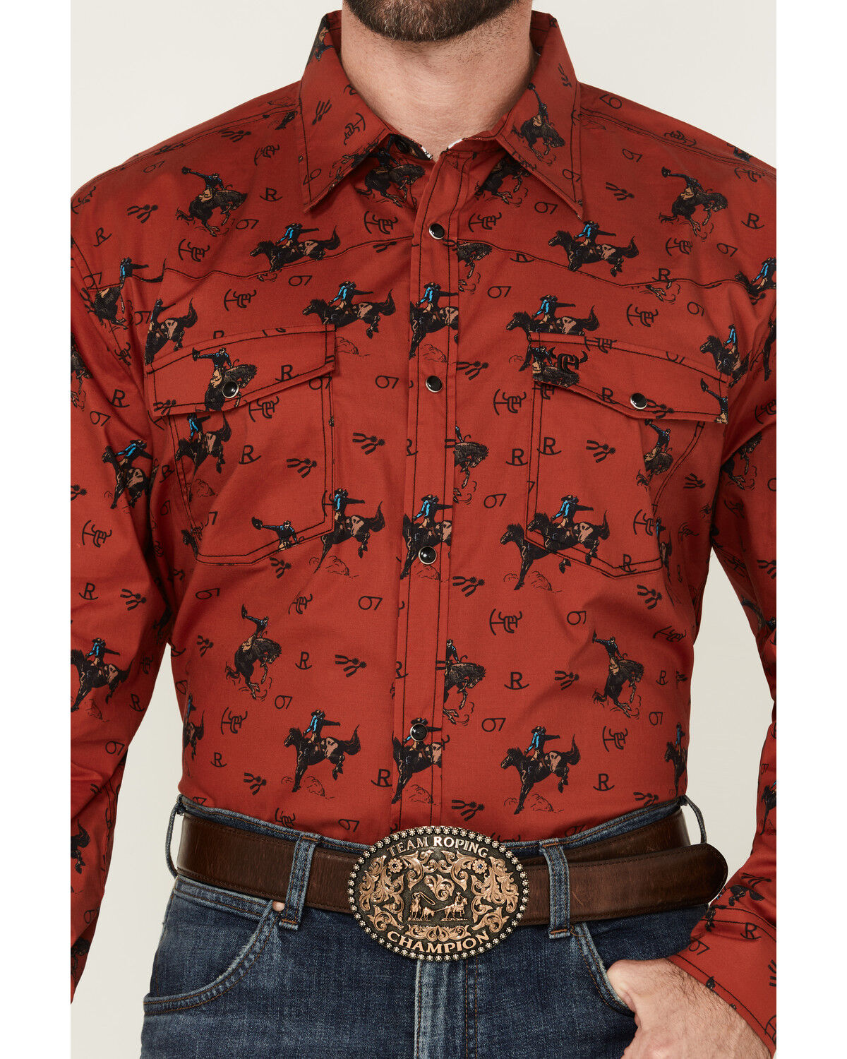 Image #3 - Cowboy Hardware Men's Bronc Conversation Print Long Sleeve Snap Western Shirt, Red, hi-res