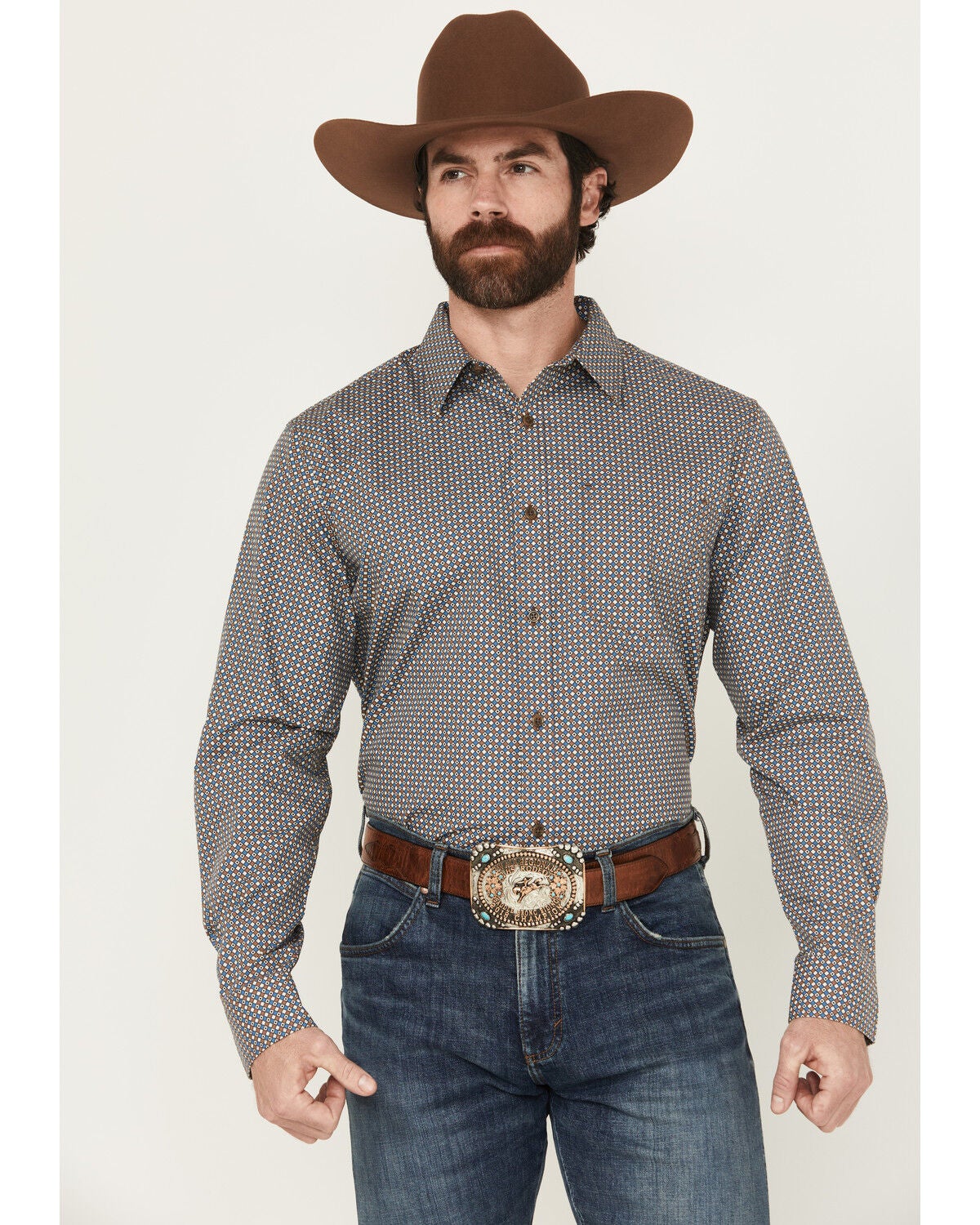 Gibson Trading Co Men's Orbit Geo Print Long Sleeve Button-Down Stretch Western Shirt, Blue, hi-res