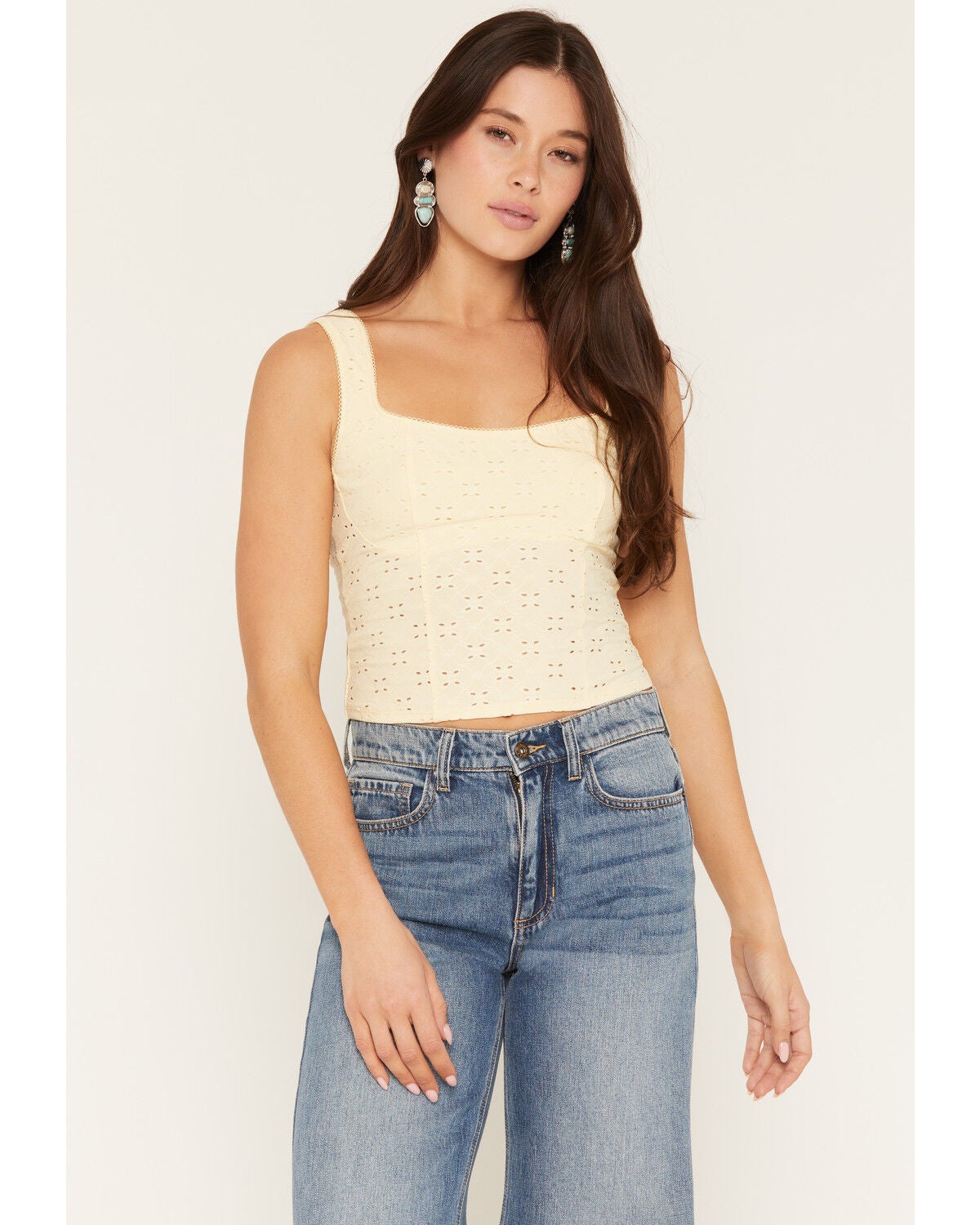 Image #1 - Ash & Violet Women's Solid Eyelet Sleeveless Tank Top, Yellow, hi-res