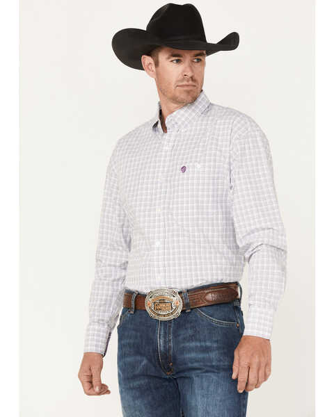 George Strait By Wrangler Men's Small Plaid Long Sleeve Button-Down Western Shirt , Purple, hi-res