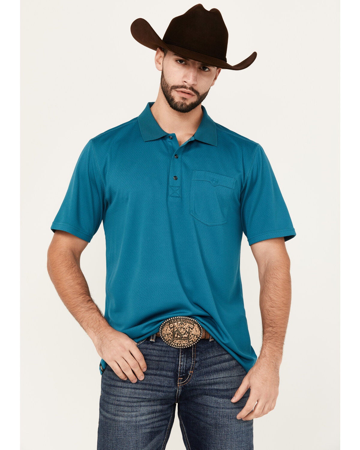RANK 45&reg; Men's Giza Jacquard Solid Short Sleeve Polo Shirt, Teal, hi-res