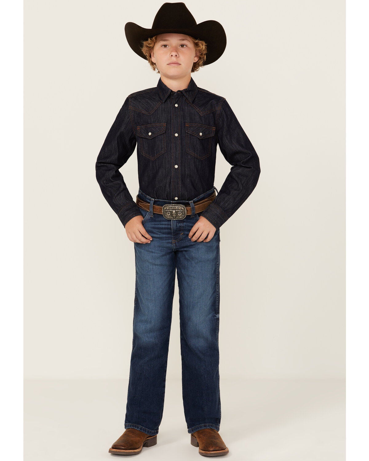 Wrangler Retro Boys' Troxler Dark Wash Relaxed Bootcut Stretch Denim Jeans, Blue, hi-res