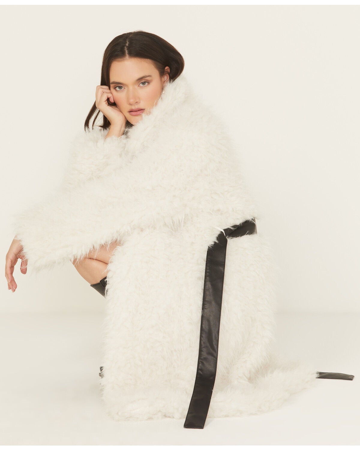 Image #1 - Fornia Women's Leather Tie Faux Fur Coat, White, hi-res