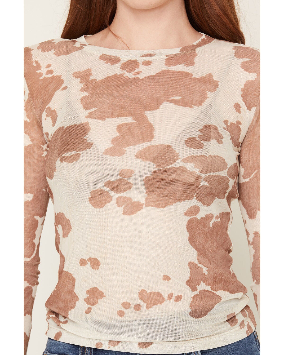 Image #3 - Shyanne Women's Farris Cow Print Long Sleeve Mesh Top, Natural, hi-res