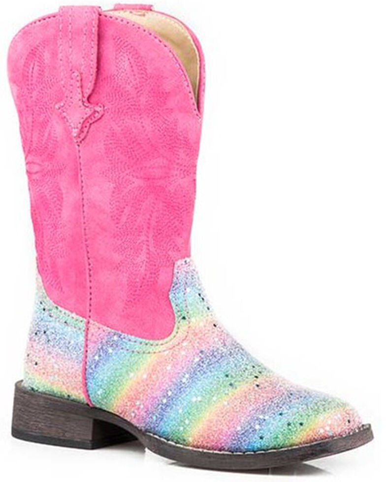 Roper Girls' Glitter Rainbow Western Boots - Square Toe, Pink, hi-res