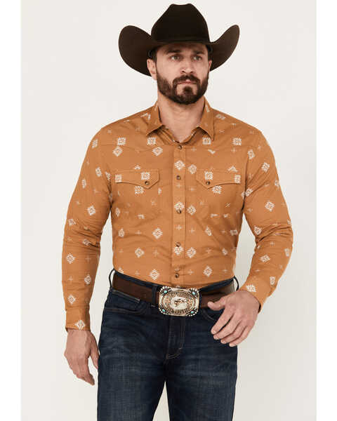 Pendleton Men's Laramie Diamond Print Long Sleeve Western Snap Shirt, Pecan, hi-res