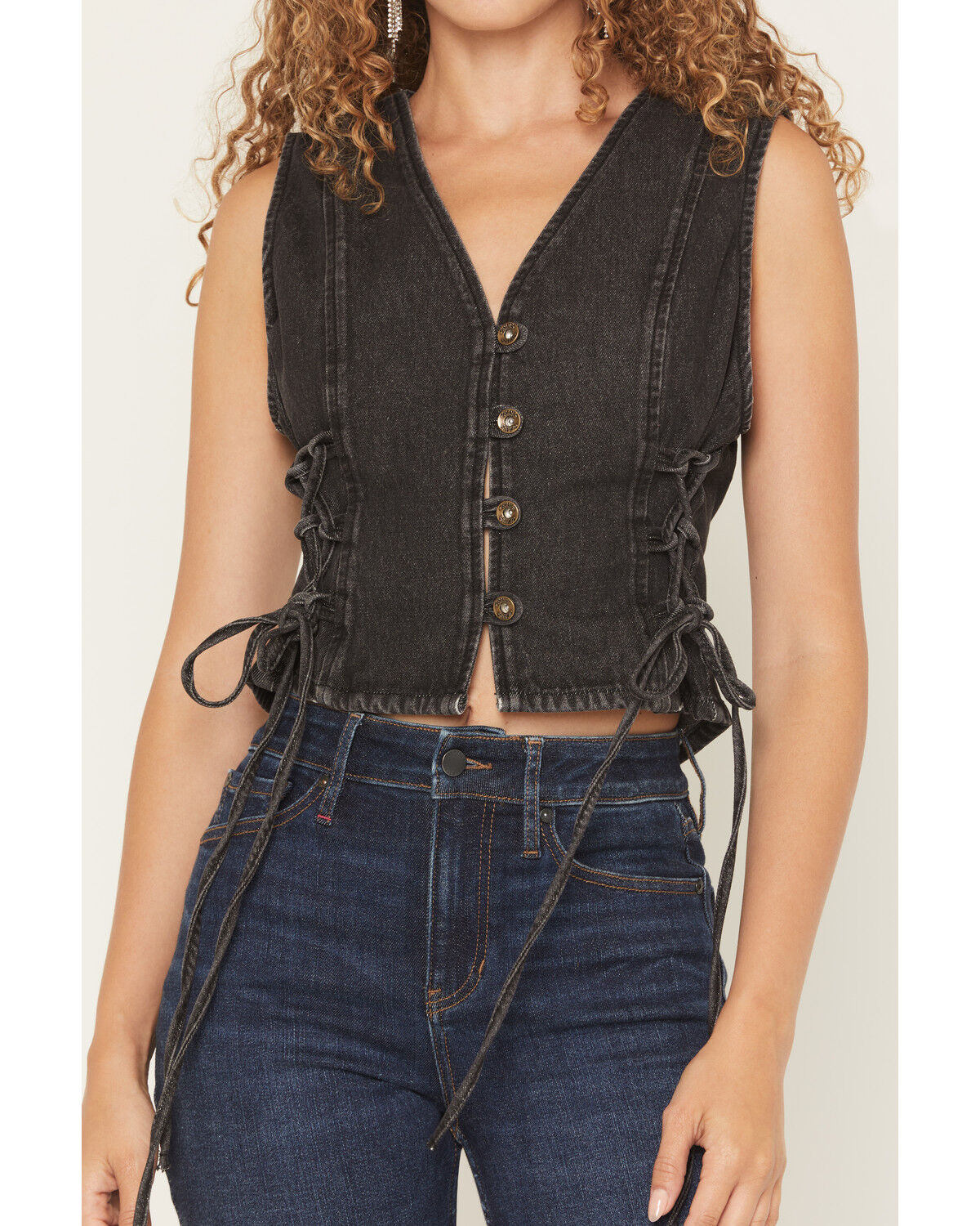 Image #3 - Saints & Hearts Women's Side Tie Button-Down Denim Vest, Black, hi-res