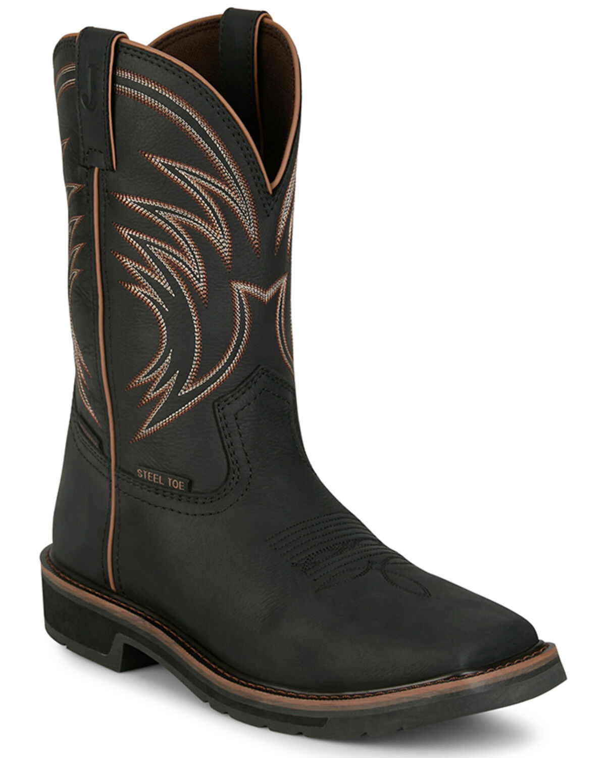 Image #1 - Justin Men's 11" Stampede Widowmaker Waterproof Pull-On Work Boots - Steel Toe, Black, hi-res