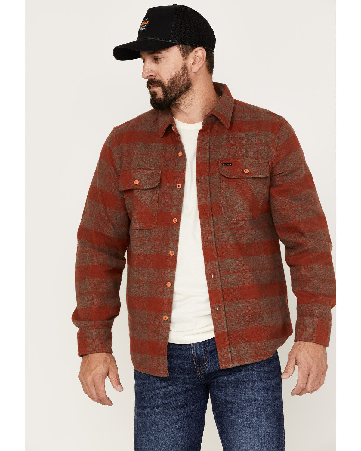 Image #1 - Brixton Men's Bowery Long Sleeve Button Down Flannel Shirt, Rust Copper, hi-res