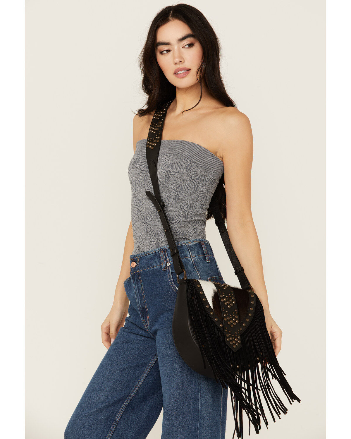 Image #1 - Wonderwest Women's Cowhide Fringe Crossbody Bag, Black, hi-res