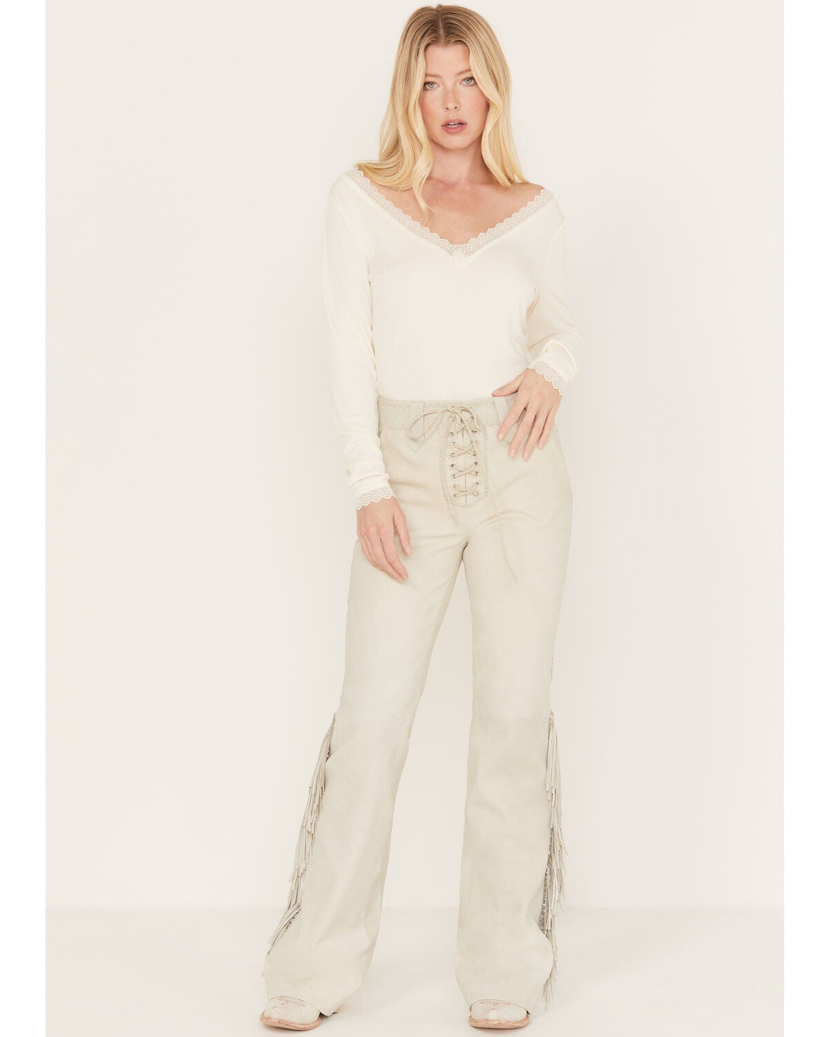 Idyllwind Women's Huntsville High Rise Leather Fringe Flare Pants, Stone, hi-res