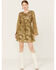 Image #1 - En Creme Women's Floral Metallic Long Sleeve Mini Dress, Olive, hi-res