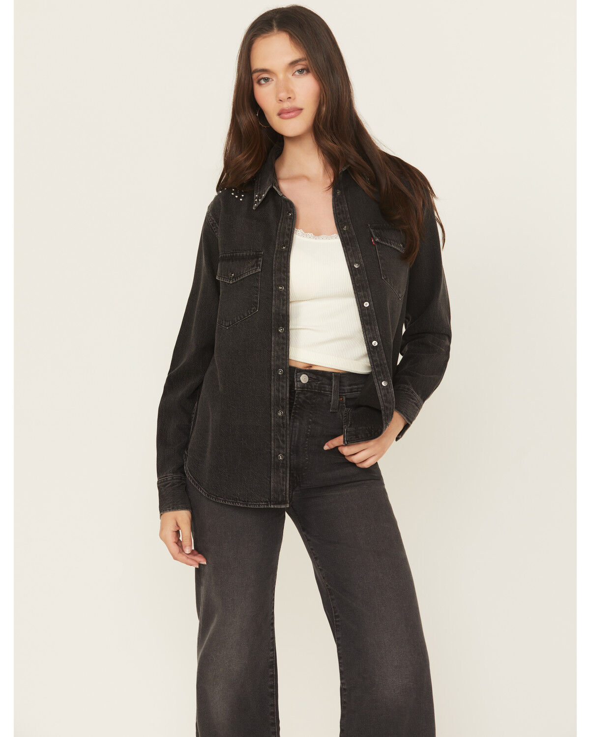 Image #1 - Levi's Premium Women's Iconic Western Denim Long Sleeve Snap Shirt, Black, hi-res