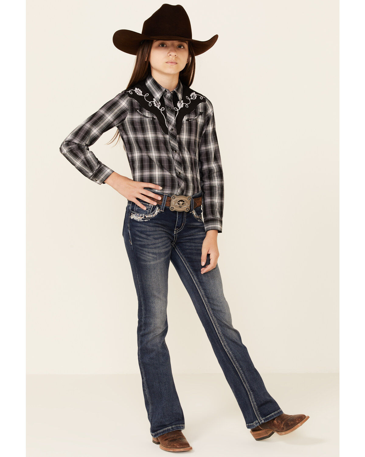 Image #2 - Roper Girls' Plaid Print Fancy Applique Yoke Long Sleeve Snap Western Shirt, Black, hi-res