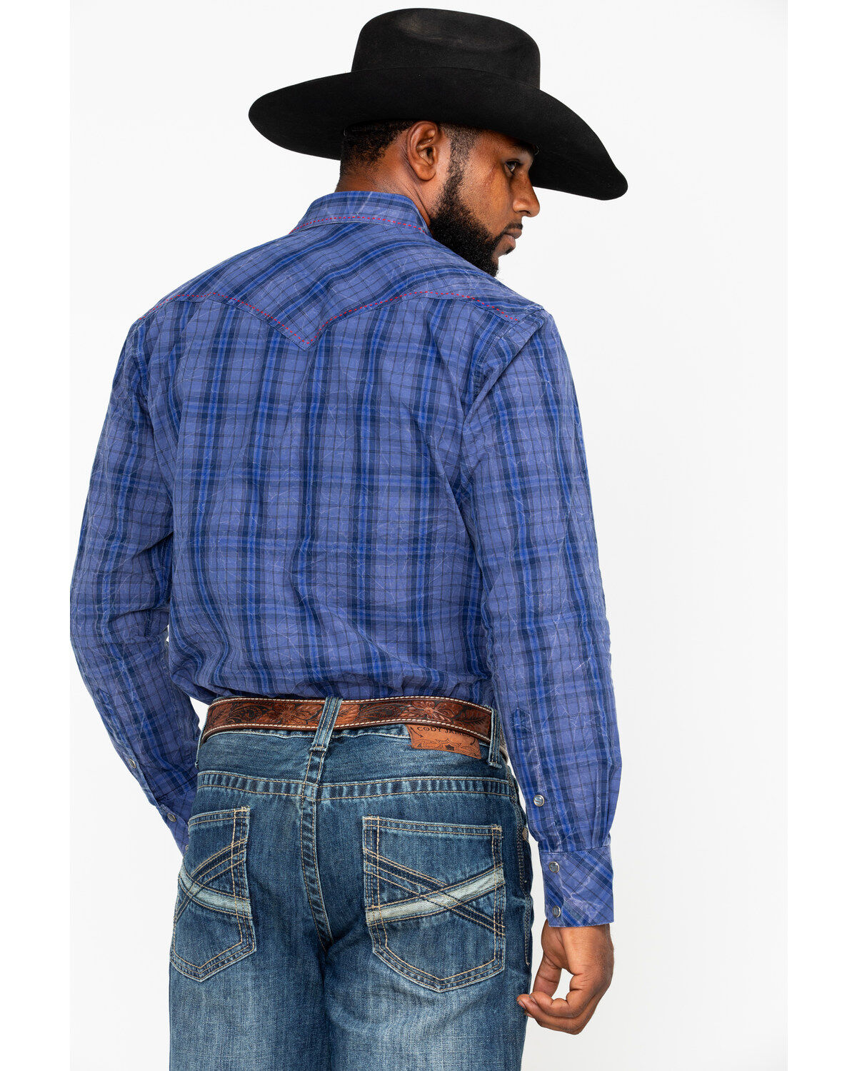 Image #2 - Rock & Roll Denim Men's Plaid Print Long Sleeve Western Shirt, Light Blue, hi-res