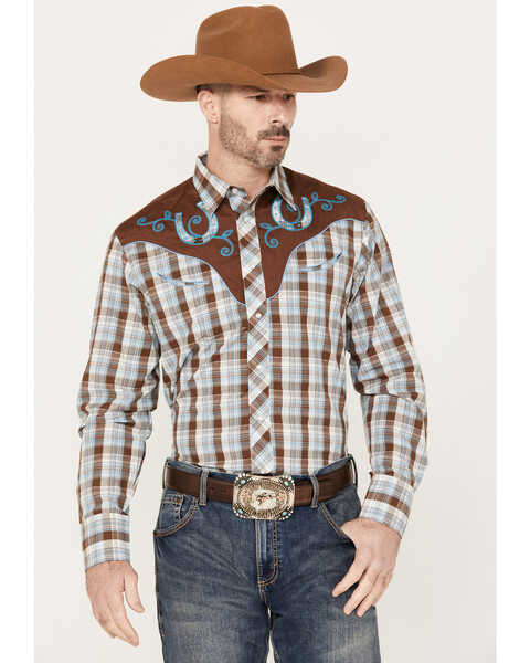 Roper Men's Plaid Print Long Sleeve Western Snap Shirt, Brown, hi-res